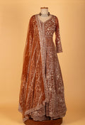 Copper Brown | Copper brown heavy embroidered Anarkali gown with designer dupatta – product image 2 | 2