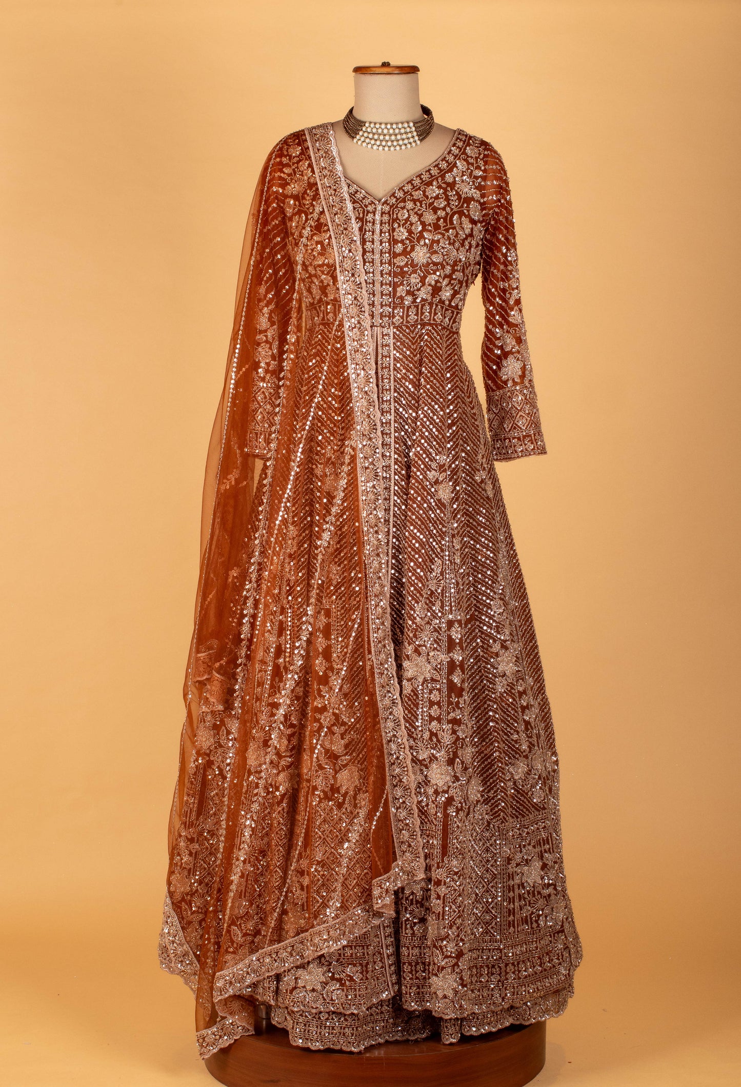 Copper Brown | Copper brown heavy embroidered Anarkali gown with designer dupatta – product image 2 | 2