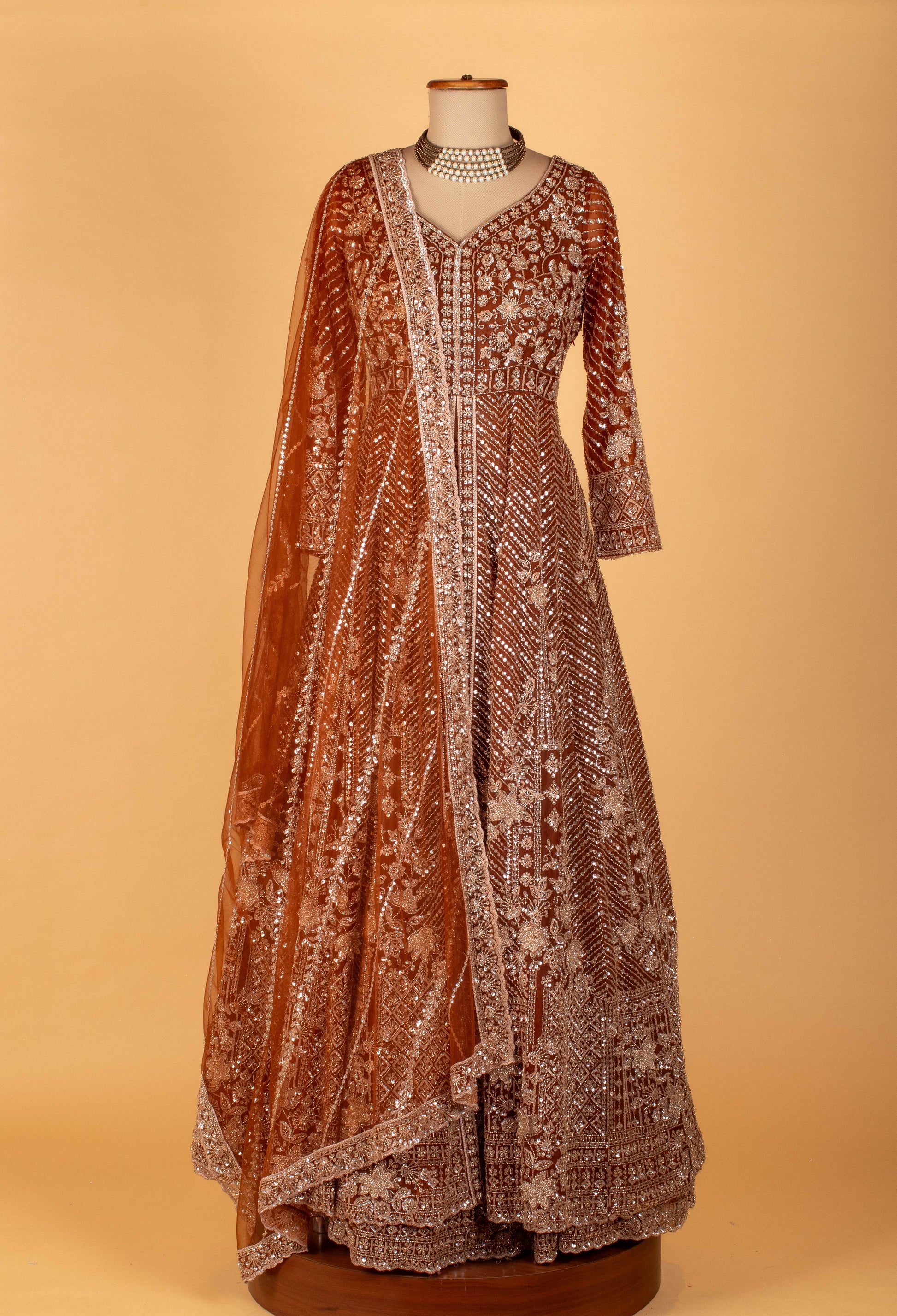 Copper Brown | Copper brown heavy embroidered Anarkali gown with designer dupatta – product image 2 | 2