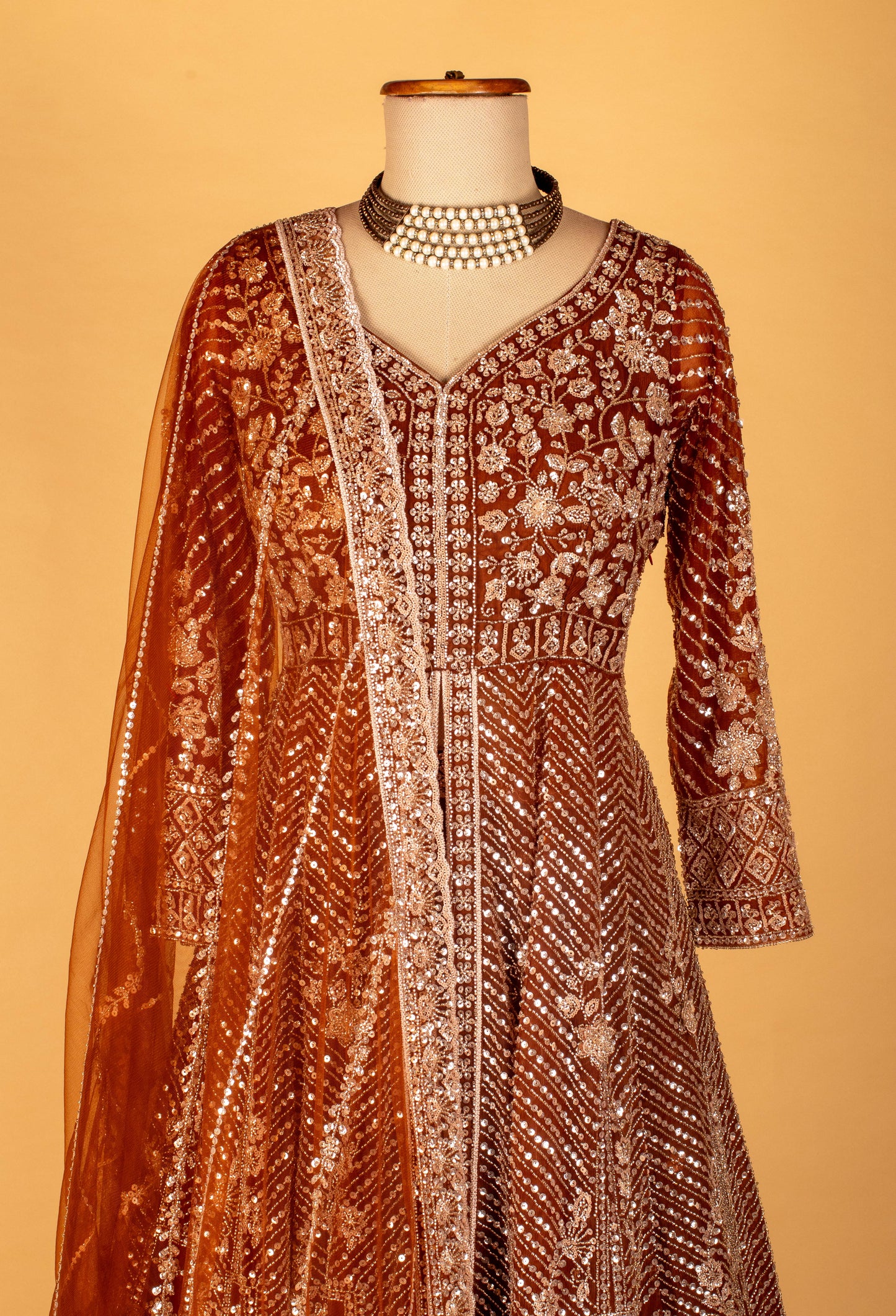 Copper Brown Heavy Embroidered Sequin Anarkali Gown with Designer Dupatta