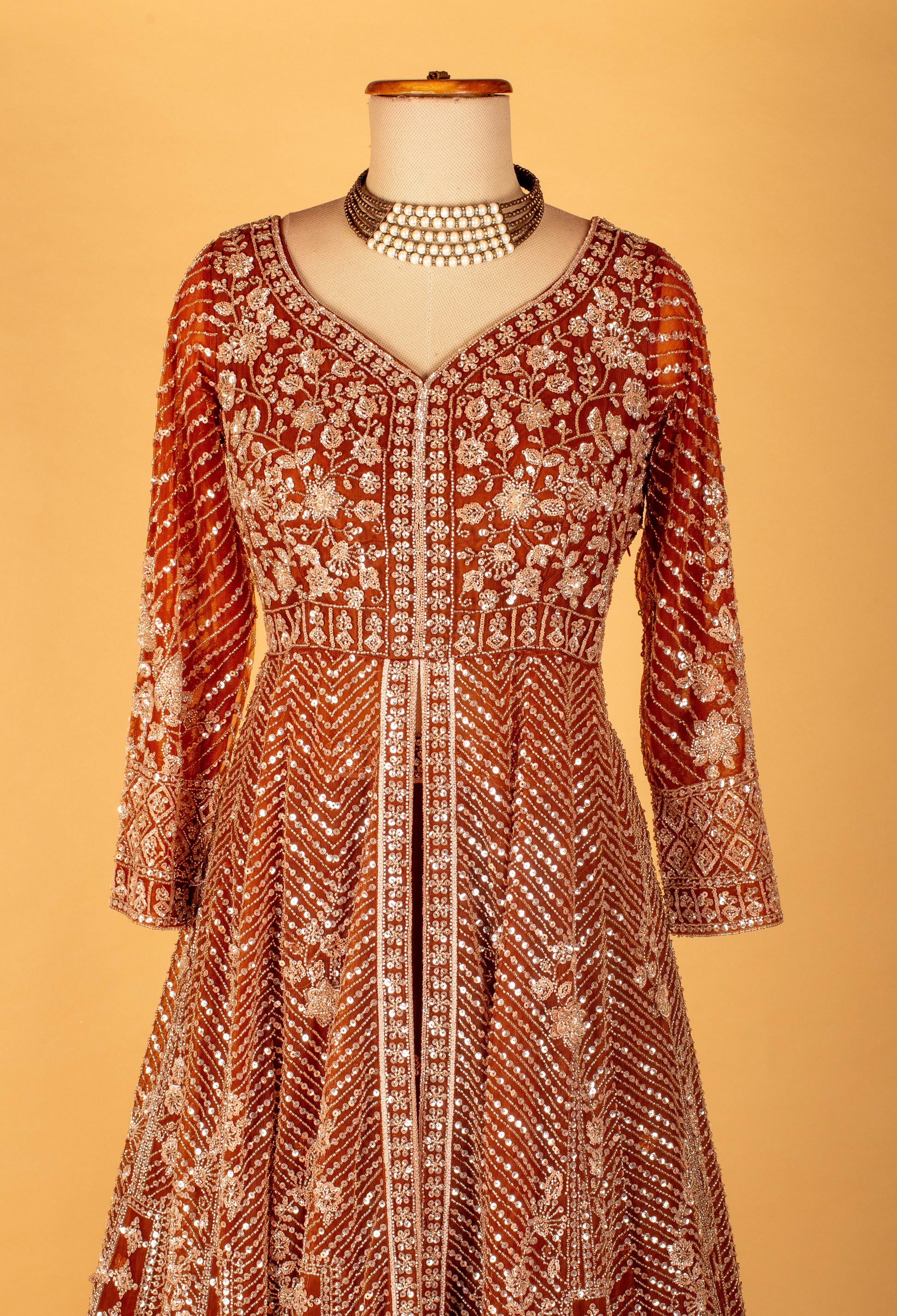 Copper Brown | Copper brown heavy embroidered Anarkali gown with designer dupatta – product image 4 | 4