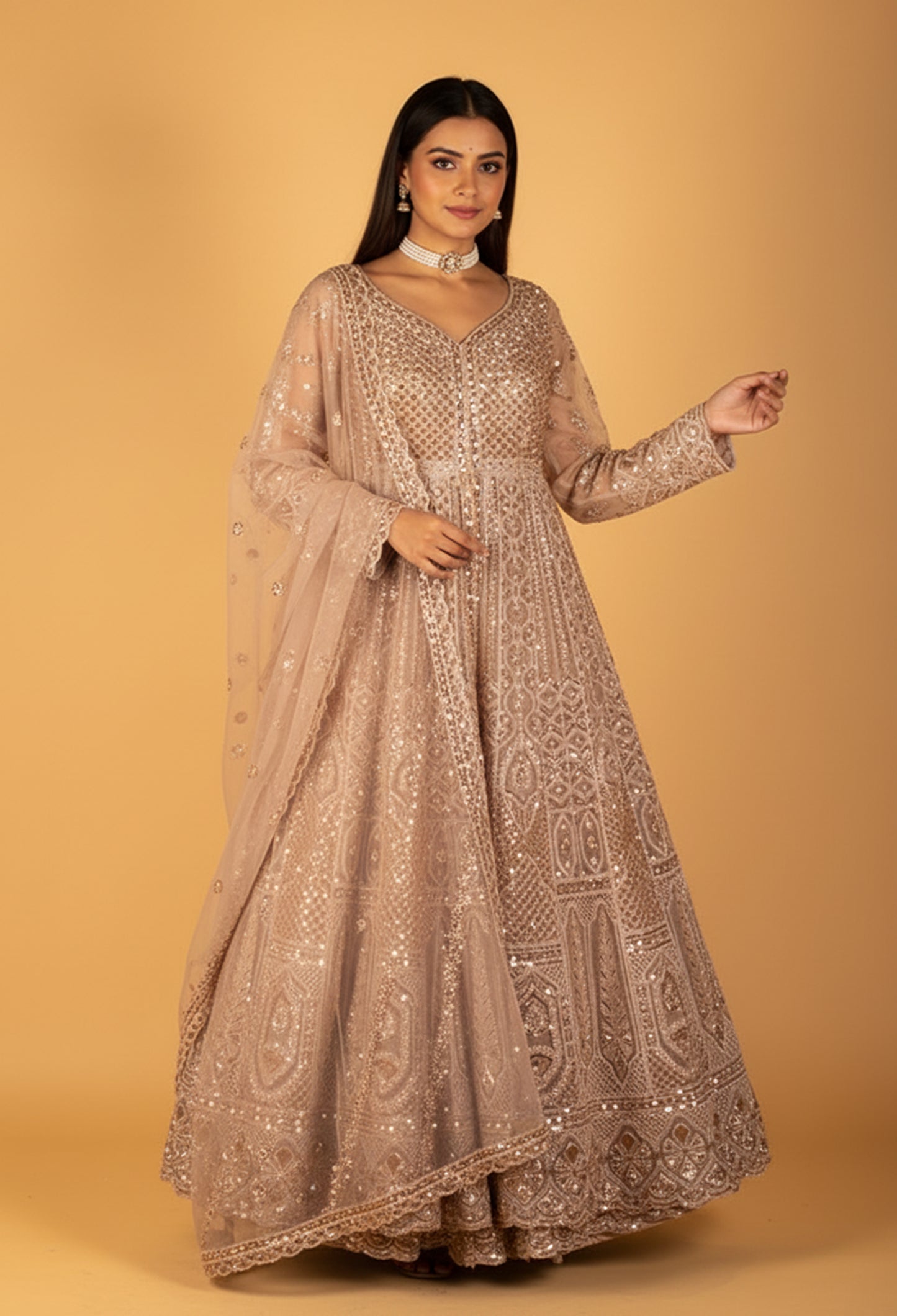 Champagne Gold Heavy Embroidered Sequin Anarkali Gown with Dupatta