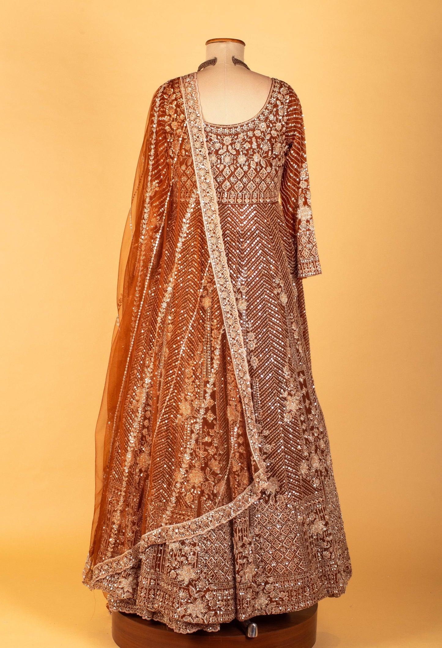 Copper Brown Heavy Embroidered Sequin Anarkali Gown with Designer Dupatta