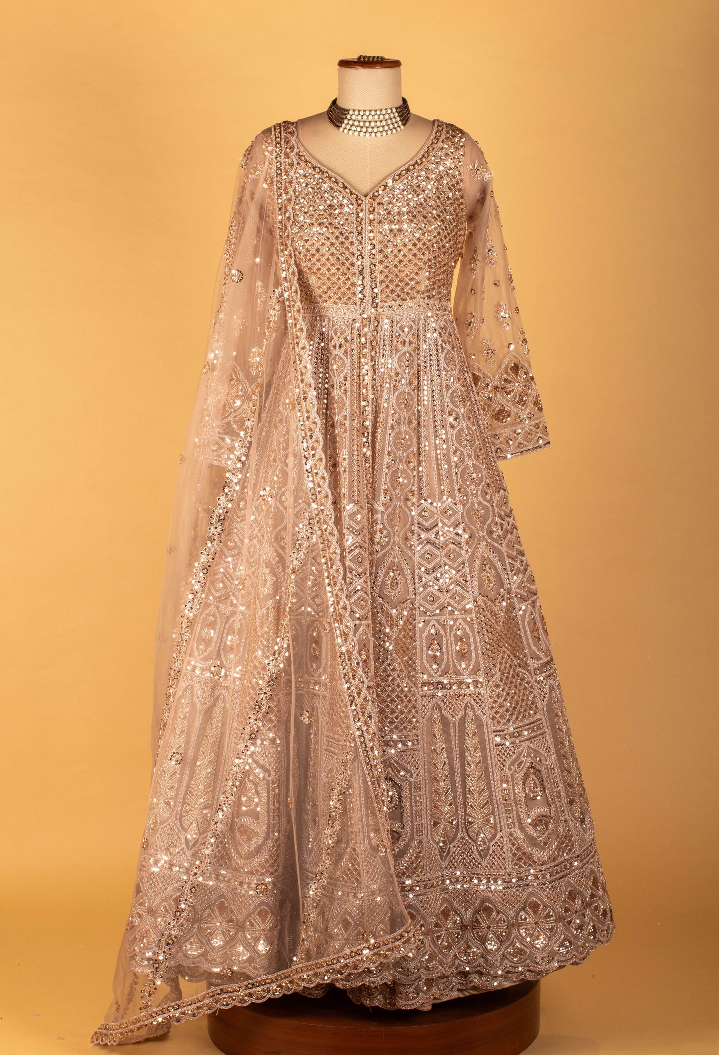 Champagne Gold Heavy Embroidered Sequin Anarkali Gown with Dupatta