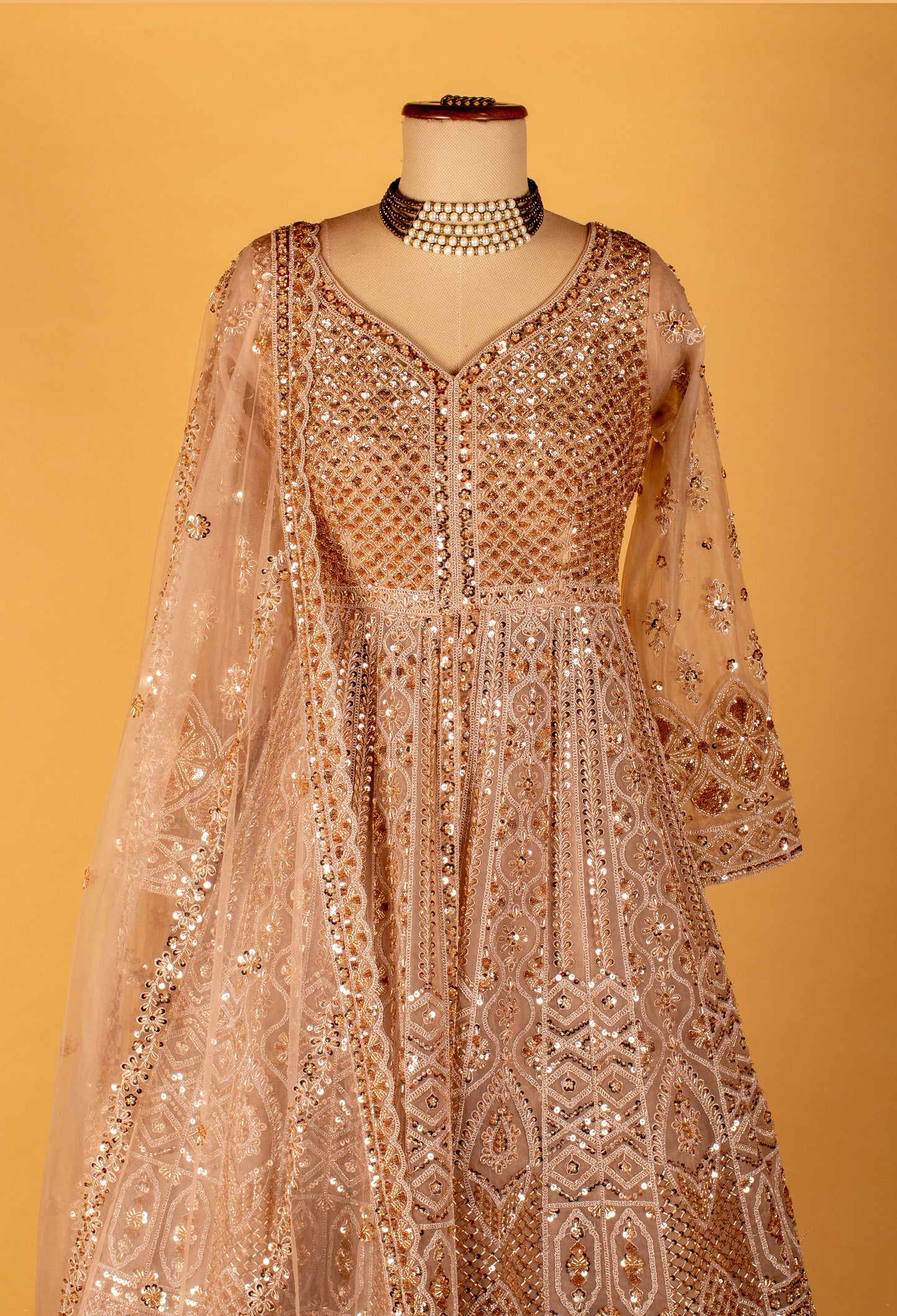 Champagne Gold Heavy Embroidered Sequin Anarkali Gown with Dupatta