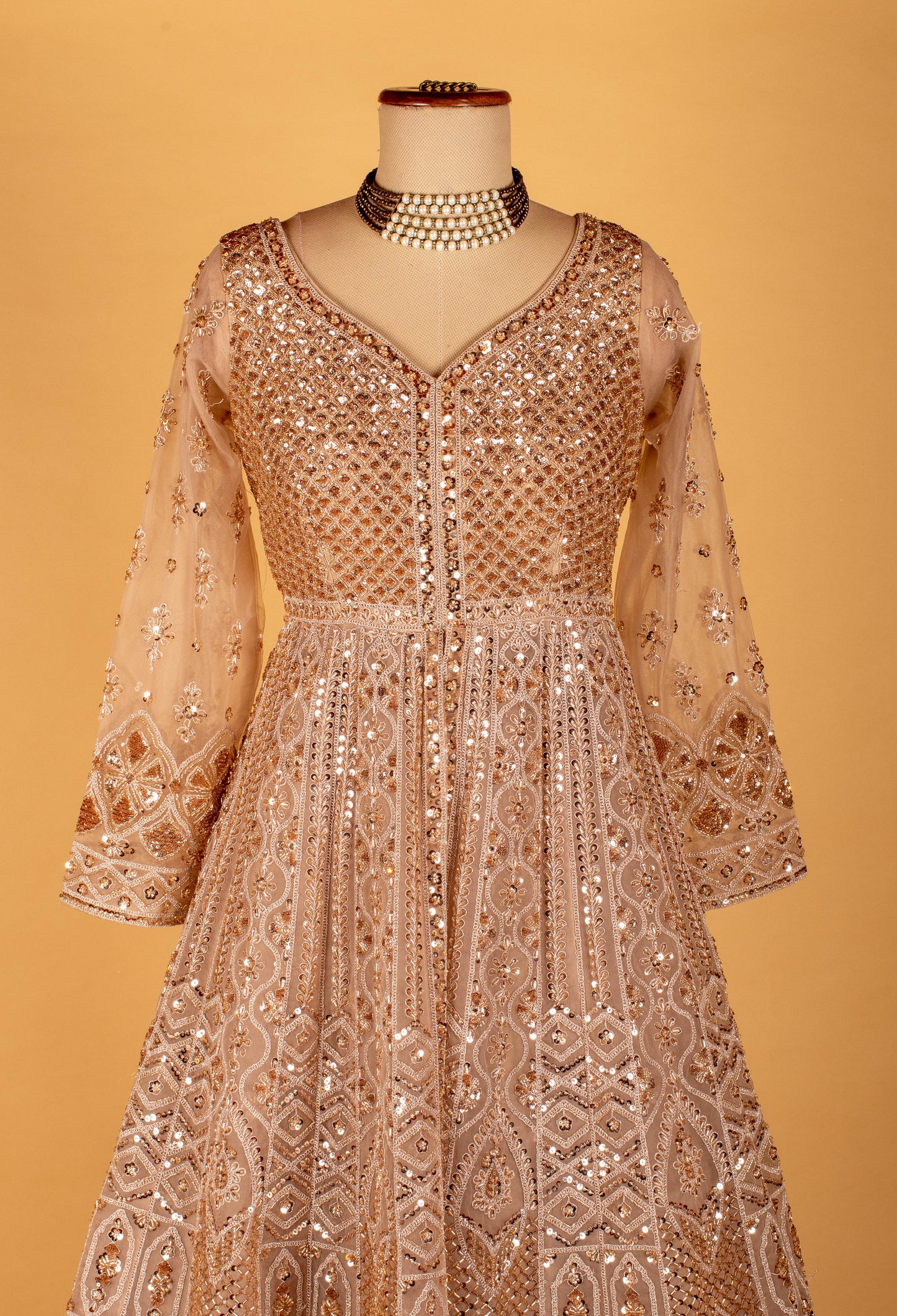 Champagne Gold Heavy Embroidered Sequin Anarkali Gown with Dupatta