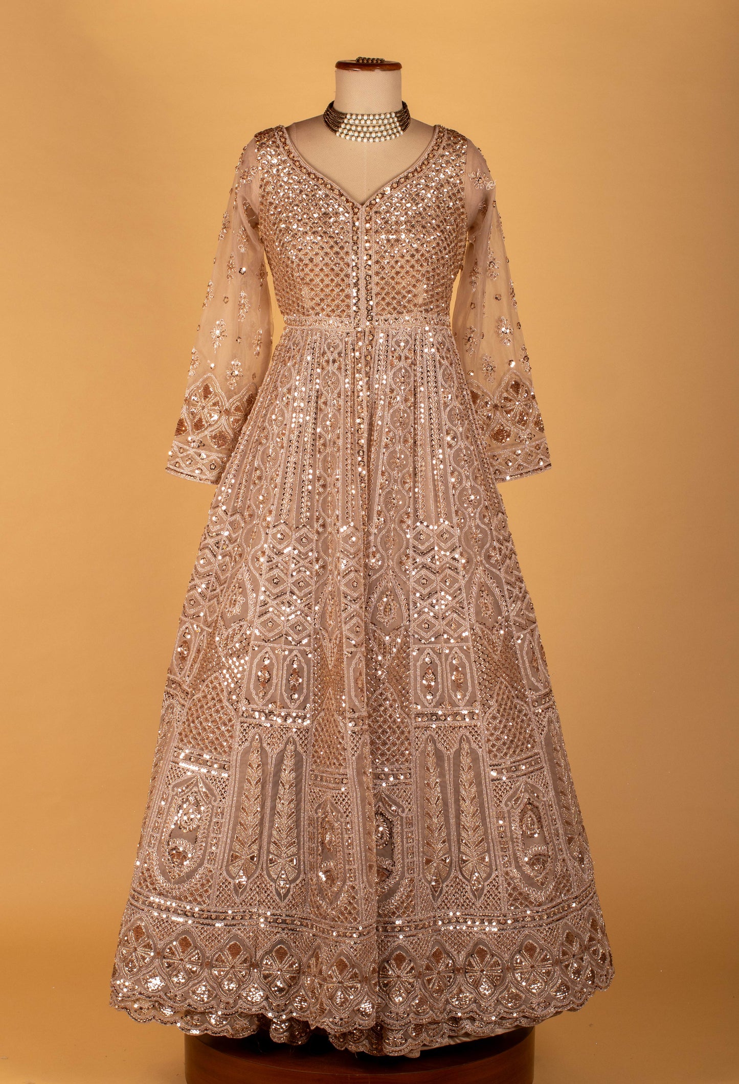 Champagne Gold Heavy Embroidered Sequin Anarkali Gown with Dupatta