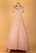Blush Pink Off-Shoulder Heavy Sequin Ball Gown with Illusion Bodice – Luxury Evening Wear