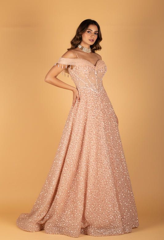 Blush Pink Off-Shoulder Heavy Sequin Ball Gown with Illusion Bodice – Luxury Evening Wear