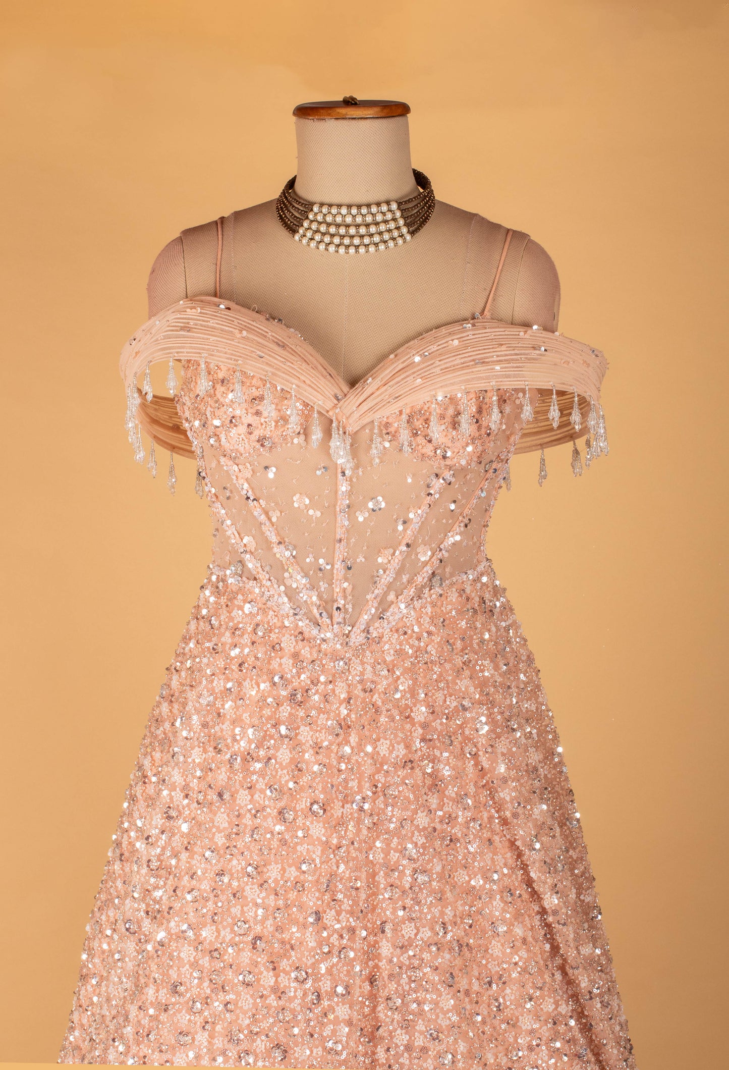 Blush Pink Off-Shoulder Heavy Sequin Ball Gown with Illusion Bodice – Luxury Evening Wear