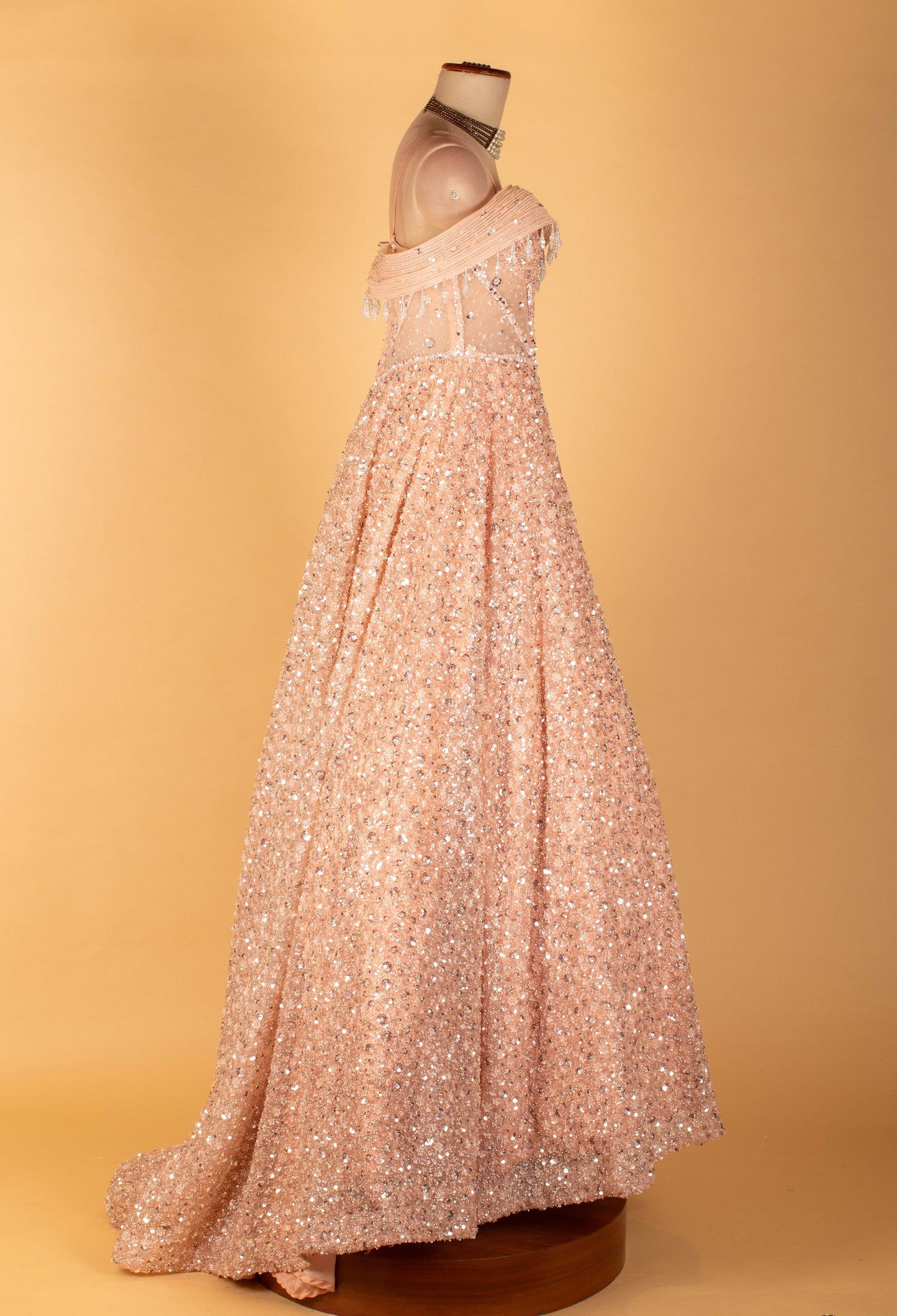 Blush Pink Off-Shoulder Heavy Sequin Ball Gown with Illusion Bodice – Luxury Evening Wear