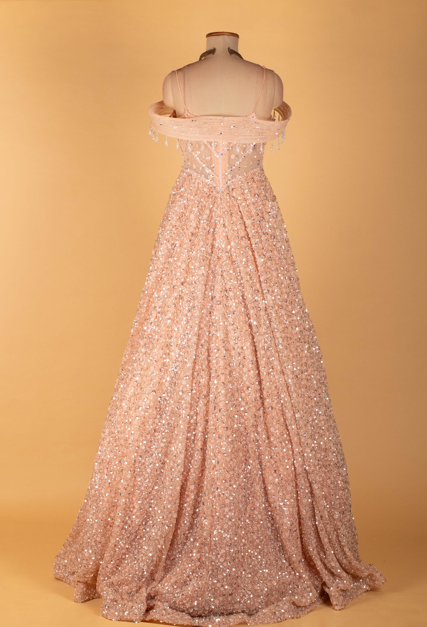 Blush Pink Off-Shoulder Heavy Sequin Ball Gown with Illusion Bodice – Luxury Evening Wear