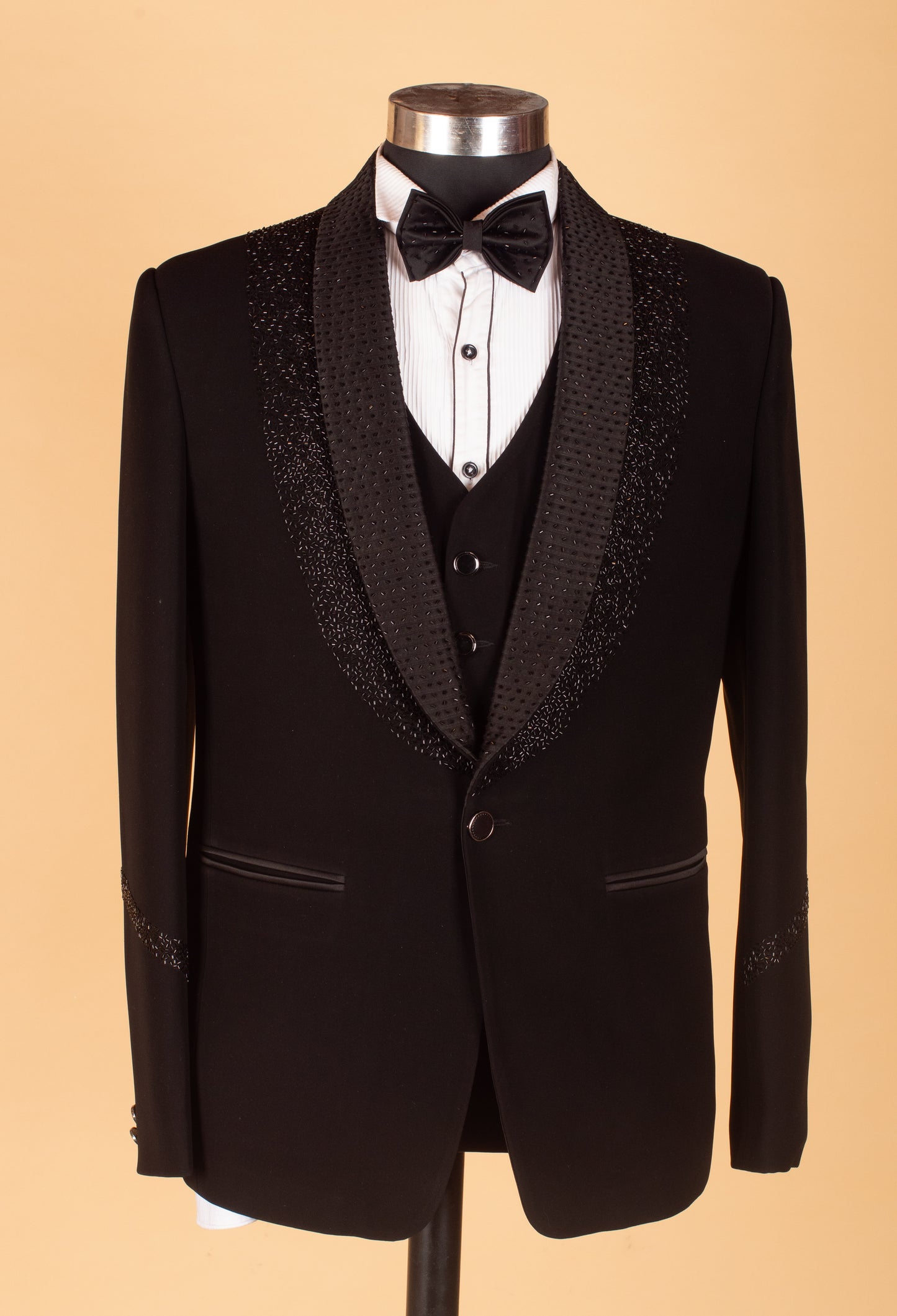 Black Designer Tuxedo Suit for Men with Embellished Shawl Lapel & Bow Tie