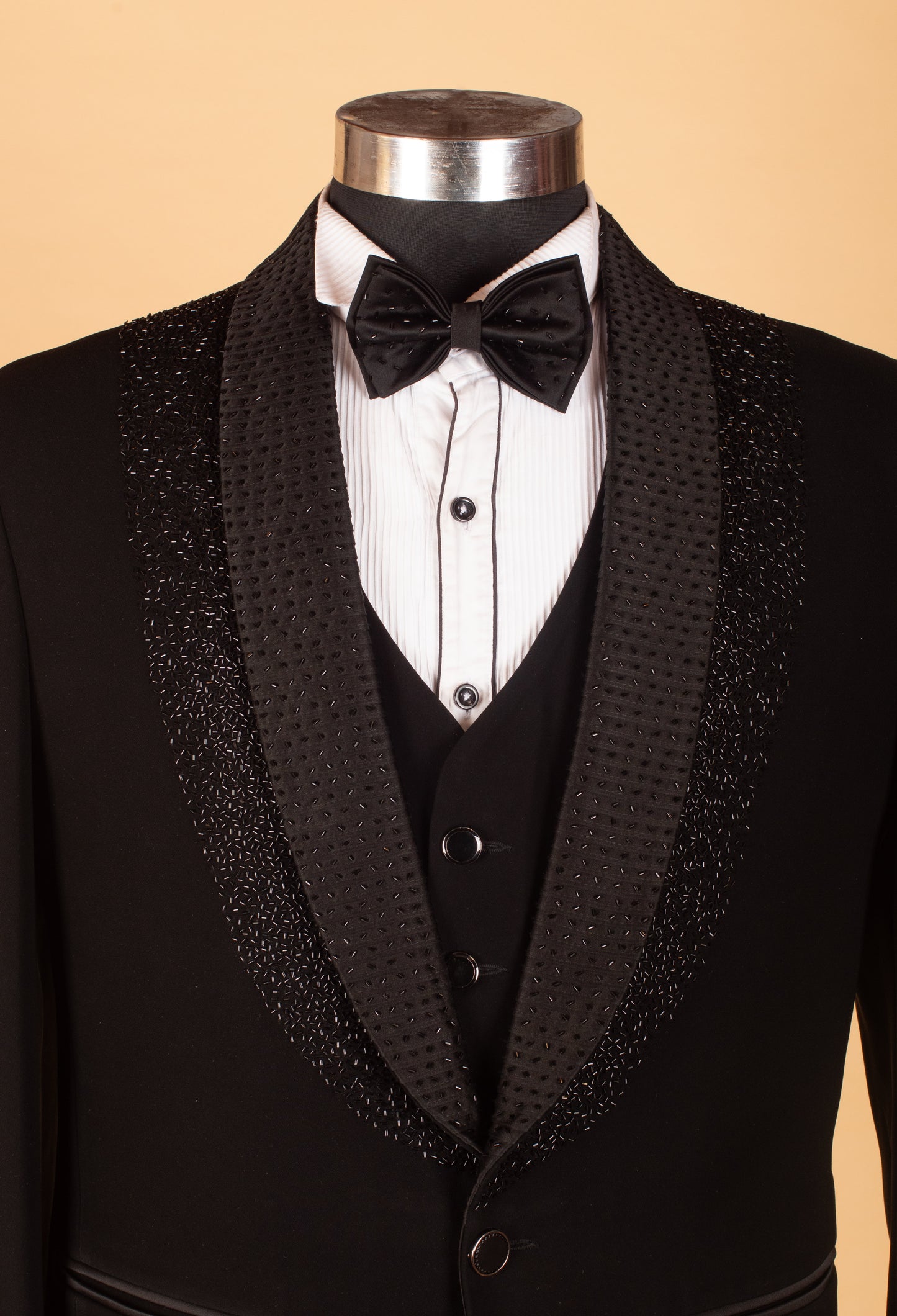 Black Designer Tuxedo Suit for Men with Embellished Shawl Lapel & Bow Tie