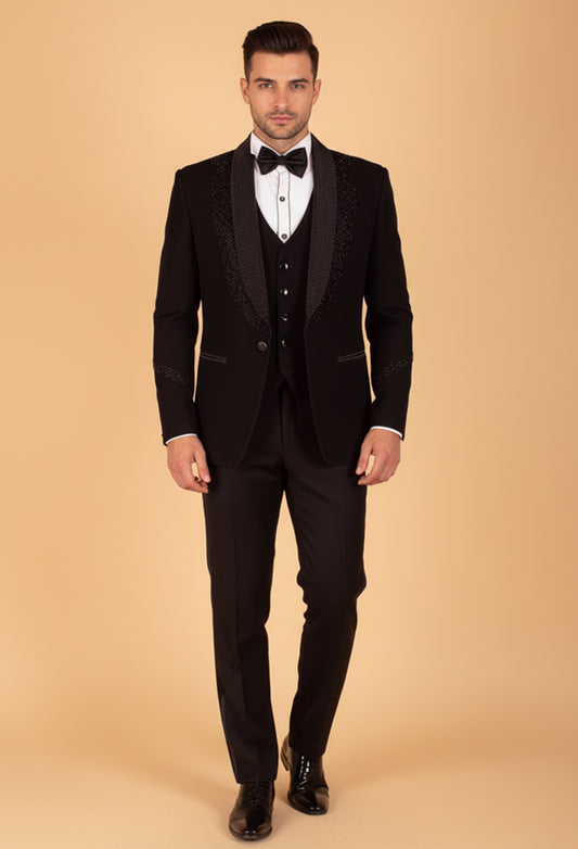 Black Designer Tuxedo Suit for Men with Embellished Shawl Lapel & Bow Tie