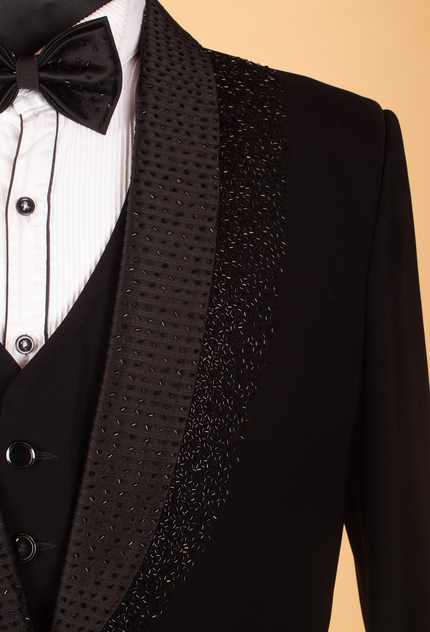 Black Designer Tuxedo Suit for Men with Embellished Shawl Lapel & Bow Tie