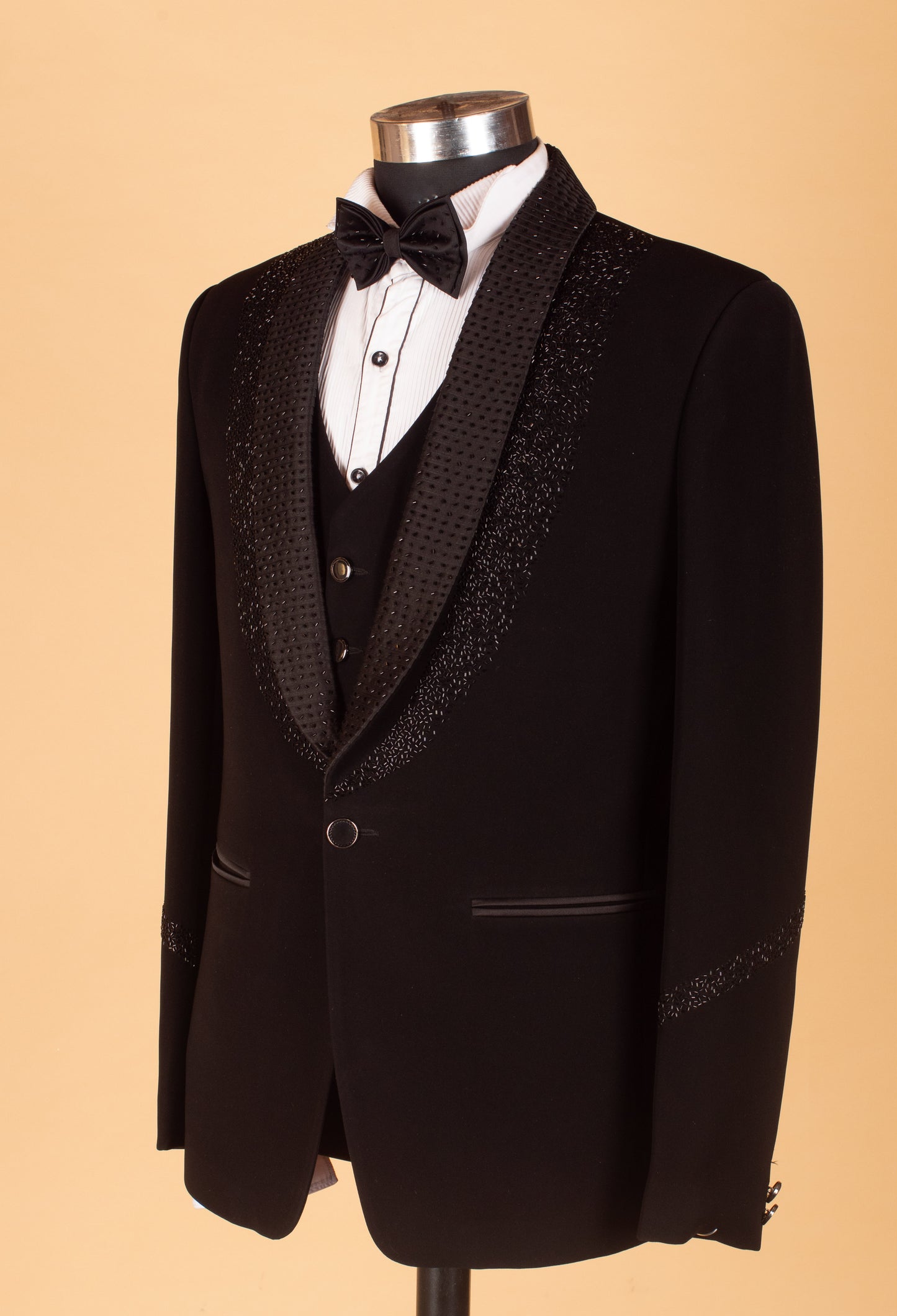 Black Designer Tuxedo Suit for Men with Embellished Shawl Lapel & Bow Tie