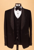 Black Designer Tuxedo Suit for Men with Embellished Shawl Lapel & Bow Tie