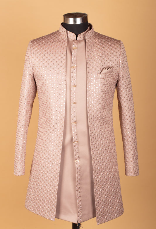 Blush Pink Mirror-Embroidered Indo-Western Sherwani for Men