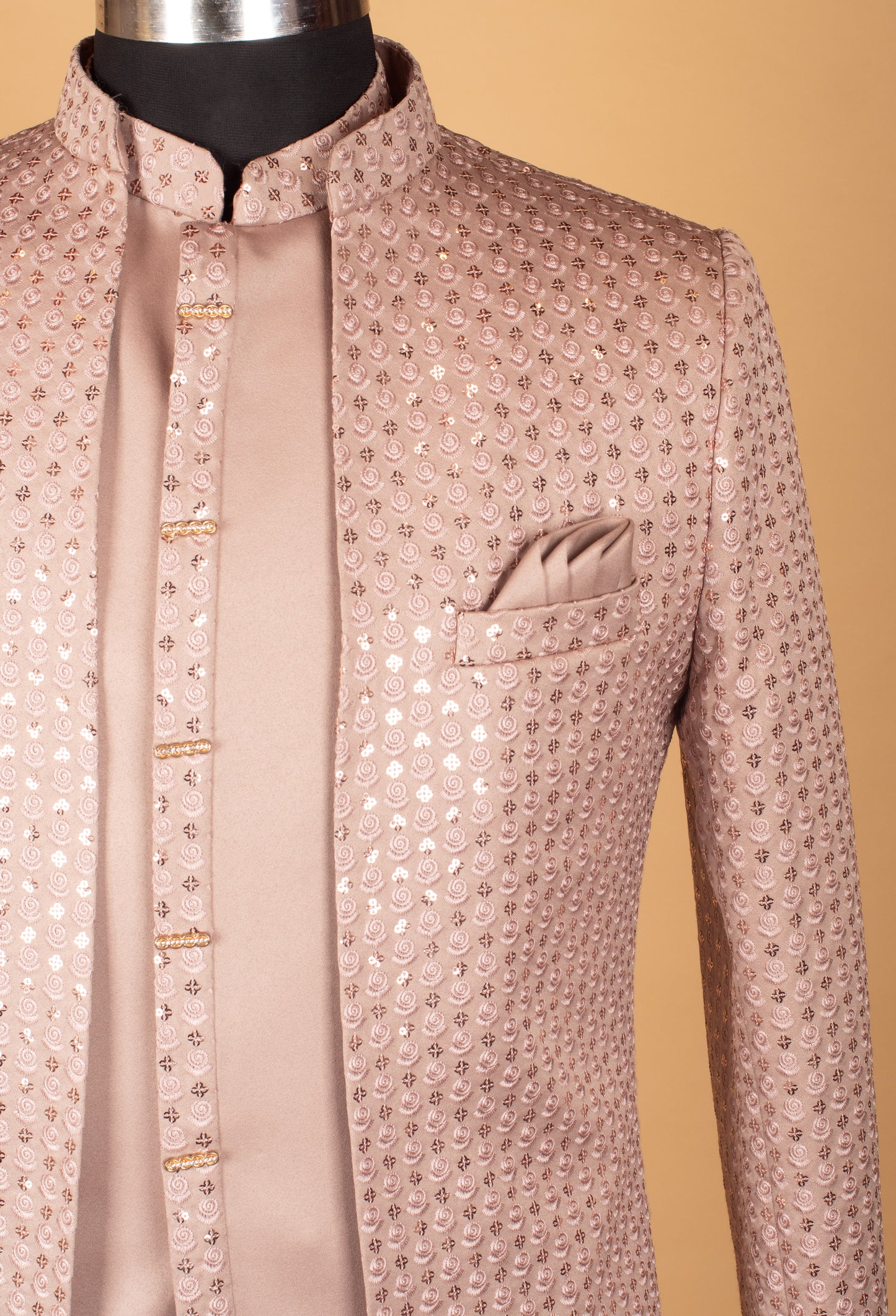 Blush Pink Mirror-Embroidered Indo-Western Sherwani for Men