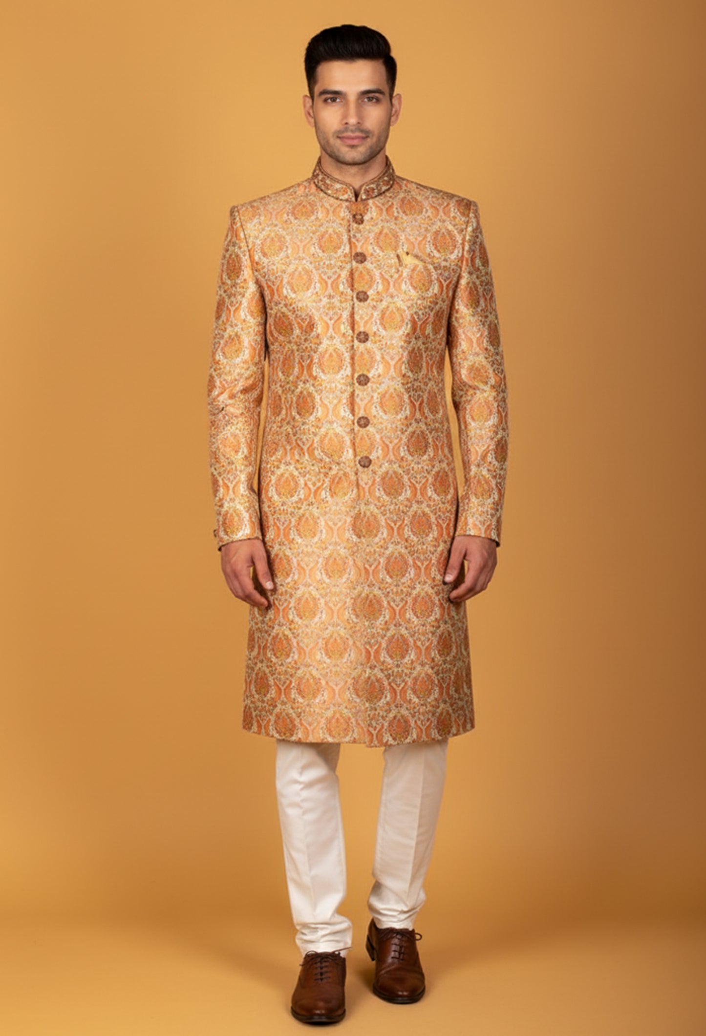 Gold & Peach Brocade Paisley Sherwani for Men – Royal Wedding & Festive Wear