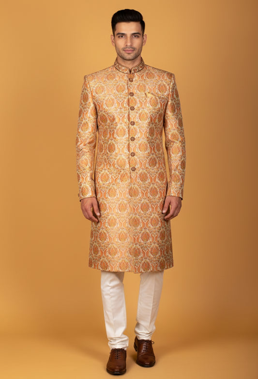 Gold & Peach Brocade Paisley Sherwani for Men – Royal Wedding & Festive Wear