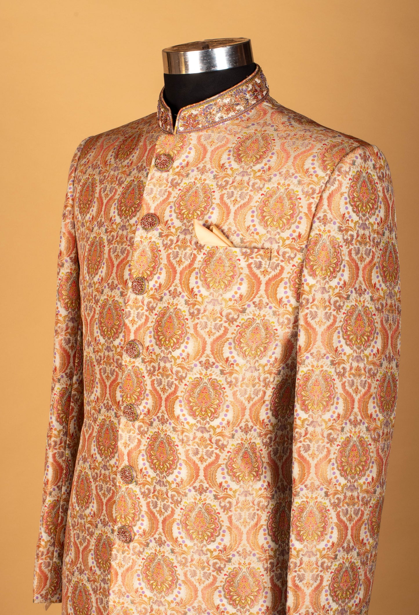 Gold & Peach Brocade Paisley Sherwani for Men – Royal Wedding & Festive Wear