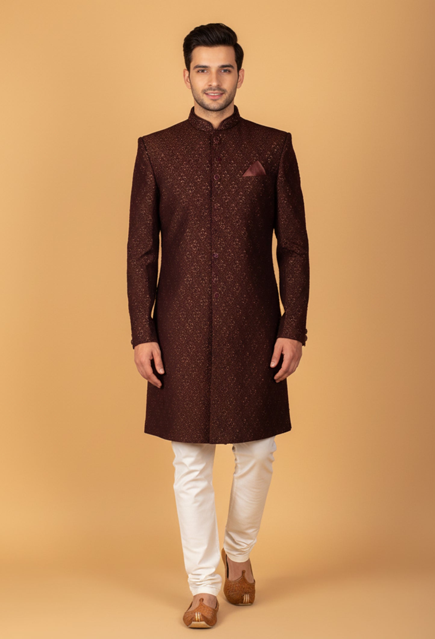Maroon Textured Embroidered Sherwani for Men – Wedding & Festive Wear