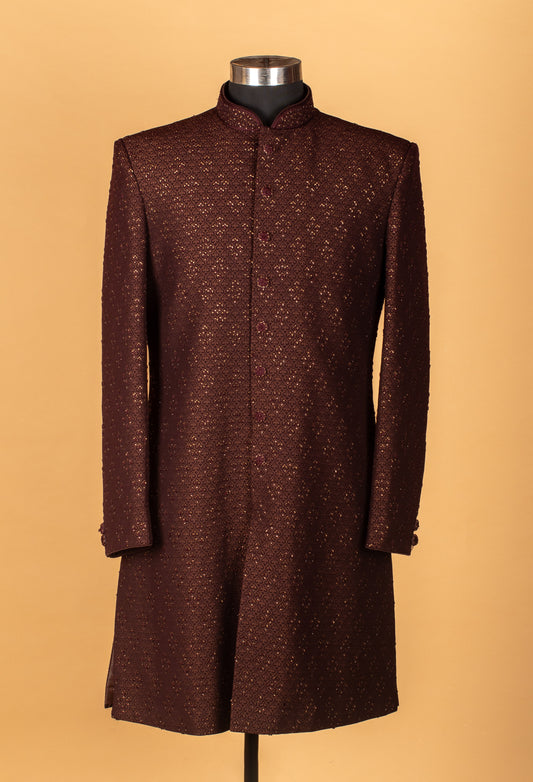 Maroon textured embroidered sherwani for men – product image 2