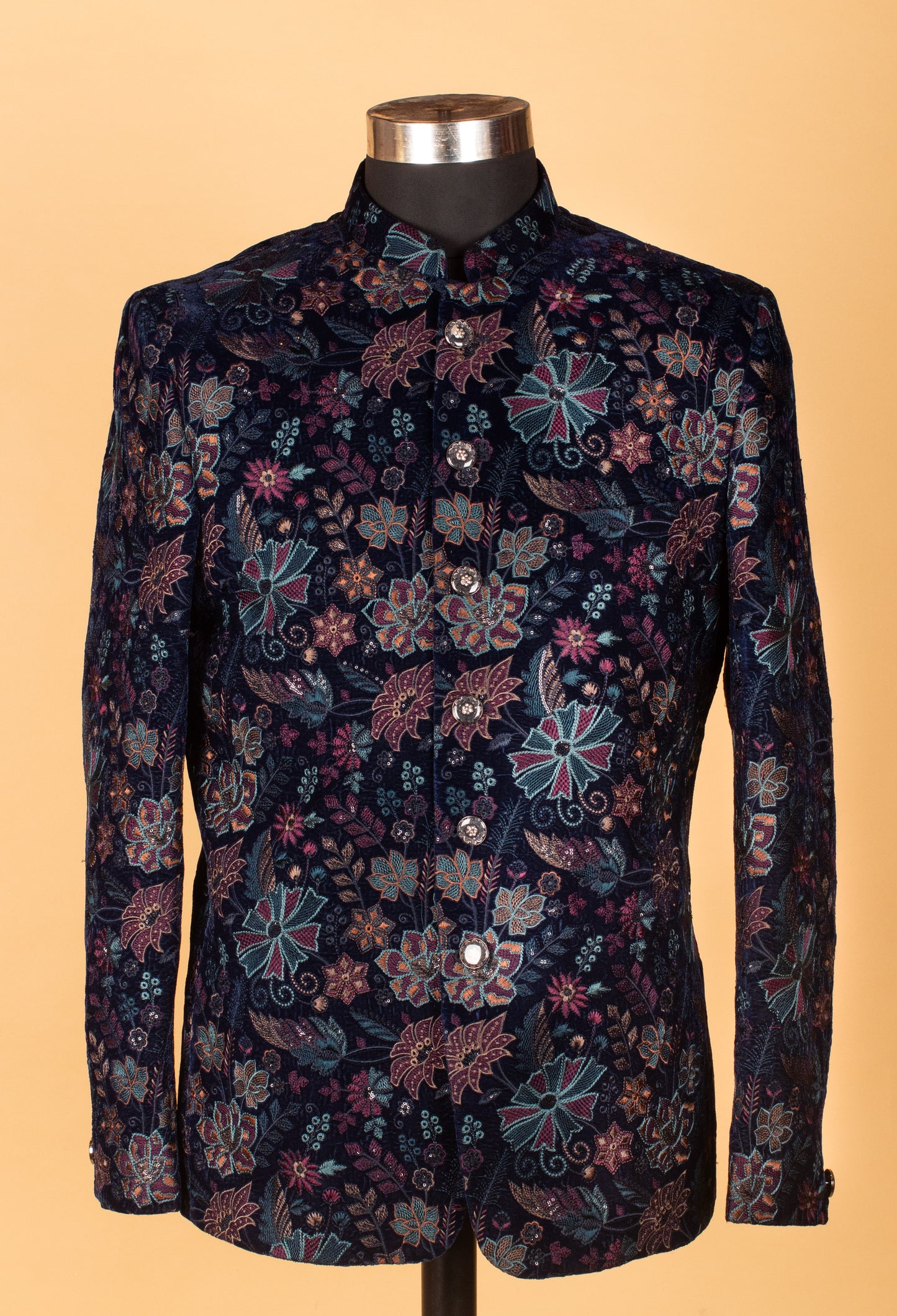 Navy Blue Floral Embroidered Velvet Indo-Western Jacket for Men