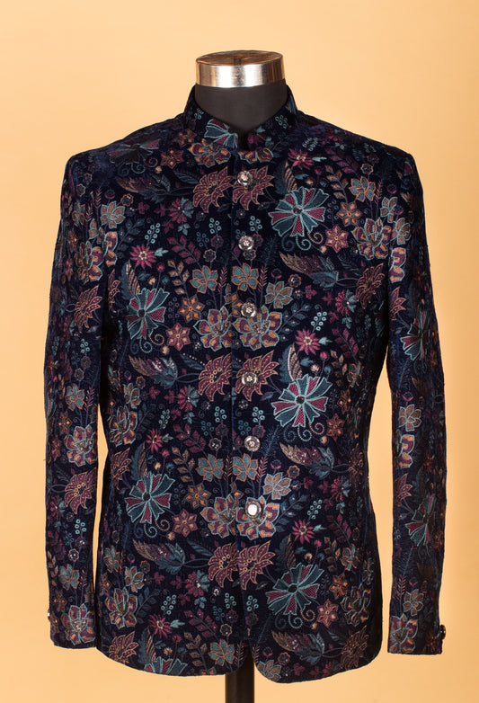 Navy blue velvet Indo-Western jacket with multicolor floral embroidery – product image 2