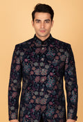 Navy Blue Floral Embroidered Velvet Indo-Western Jacket for Men