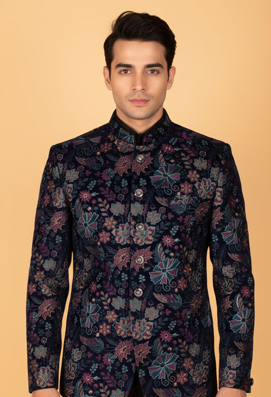 Navy Blue Floral Embroidered Velvet Indo-Western Jacket for Men