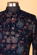 Navy Blue Floral Embroidered Velvet Indo-Western Jacket for Men
