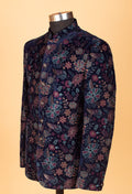Navy Blue Floral Embroidered Velvet Indo-Western Jacket for Men