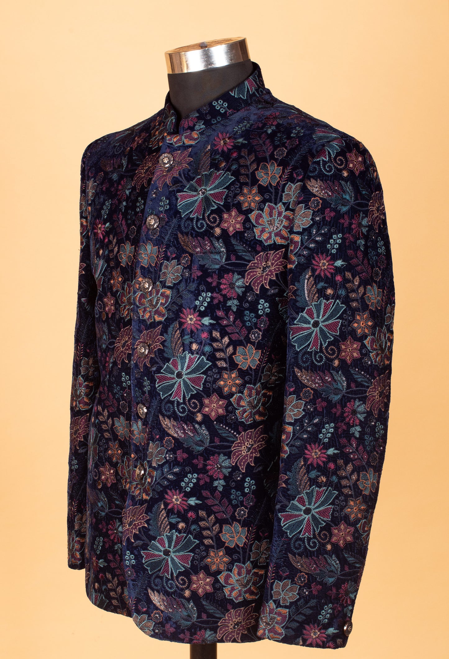 Navy Blue Floral Embroidered Velvet Indo-Western Jacket for Men