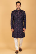 Navy Blue Velvet Floral Embroidered Sherwani for Men – Wedding & Royal Festive Wear