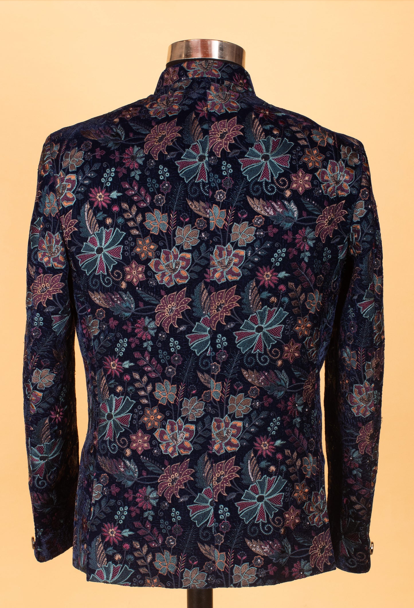 Navy Blue Floral Embroidered Velvet Indo-Western Jacket for Men