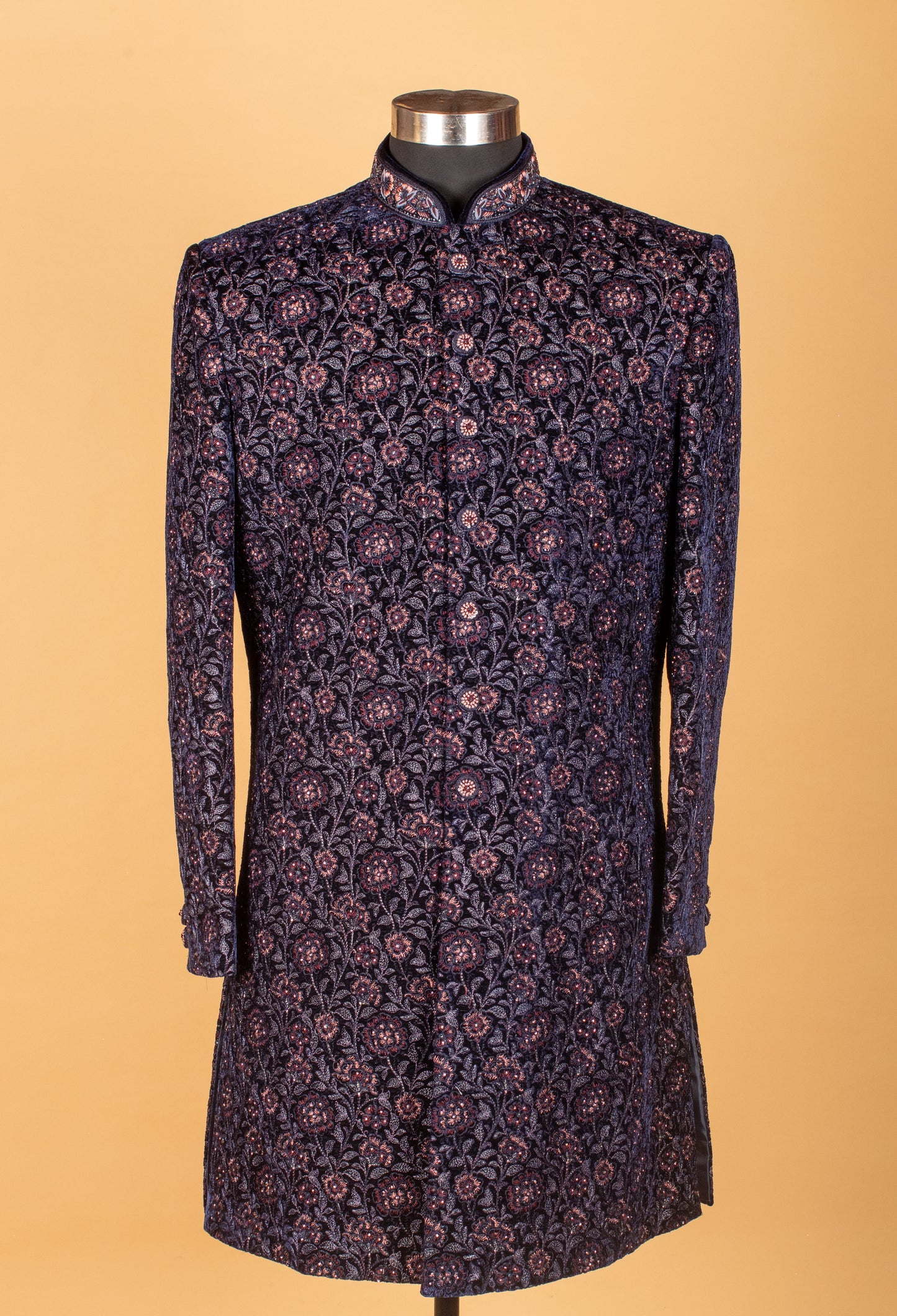 Navy Blue Velvet Floral Embroidered Sherwani for Men – Wedding & Royal Festive Wear