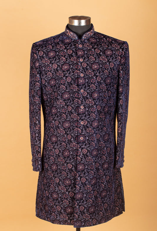 Navy blue velvet floral embroidered sherwani for men – product image 2