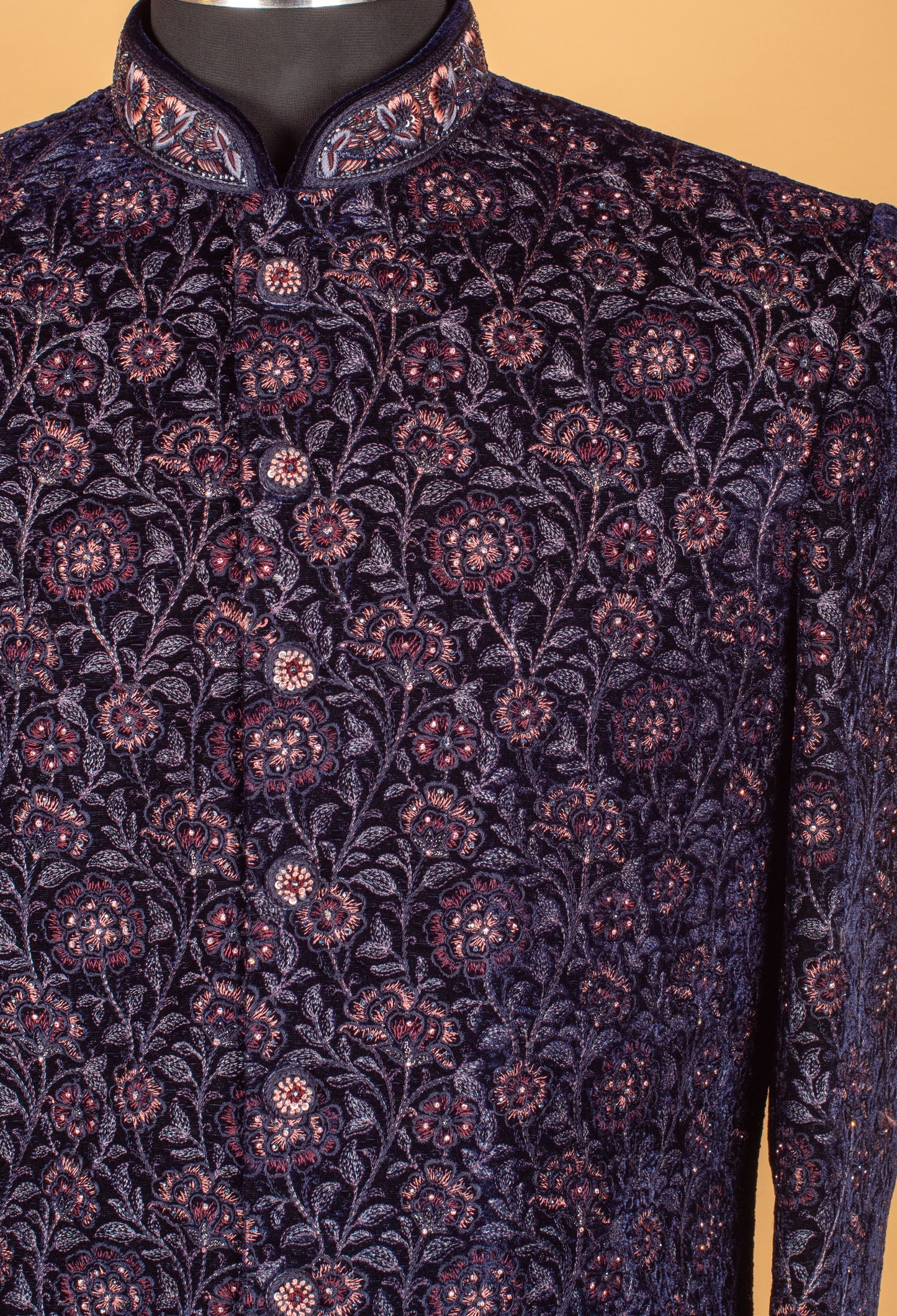 Navy Blue Velvet Floral Embroidered Sherwani for Men – Wedding & Royal Festive Wear