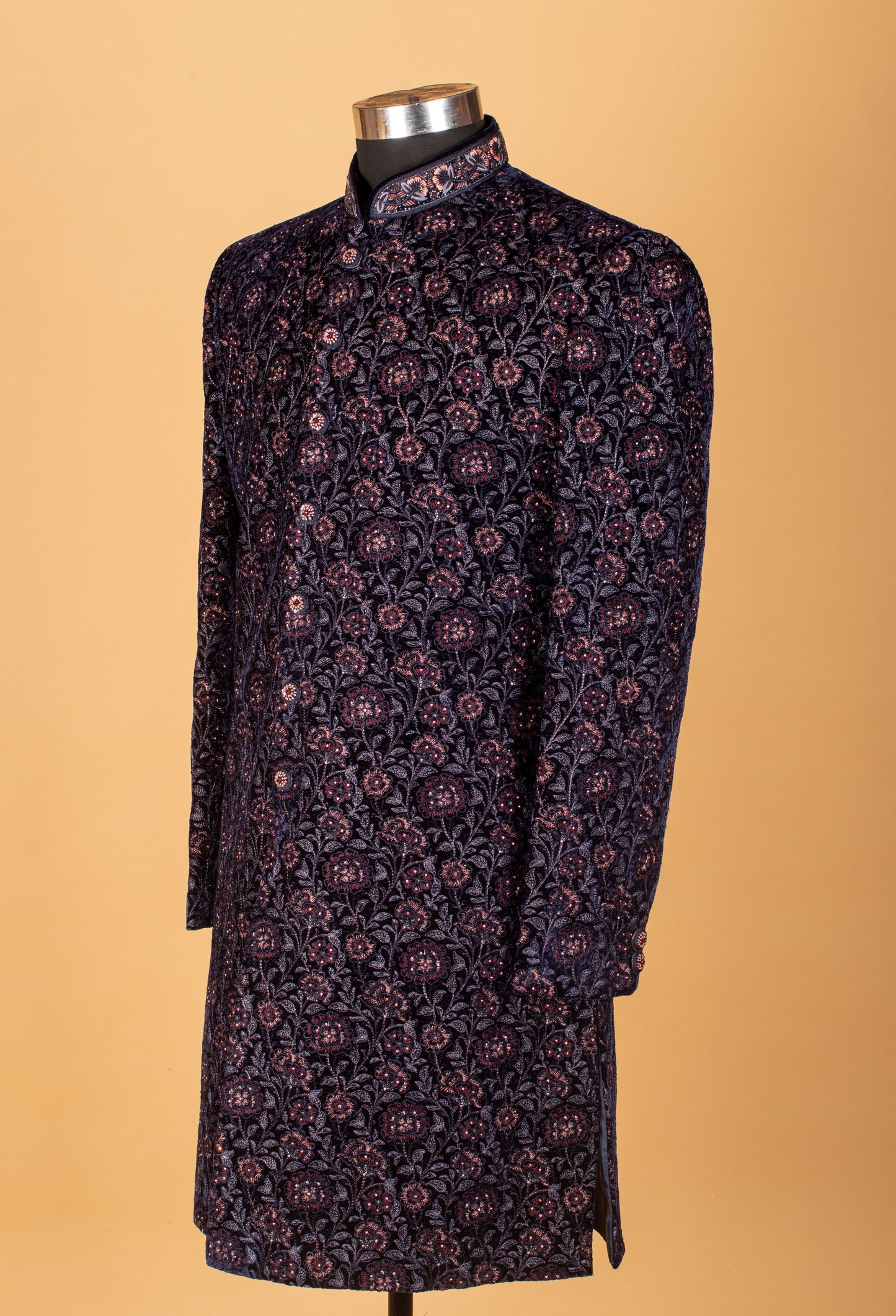 Navy Blue Velvet Floral Embroidered Sherwani for Men – Wedding & Royal Festive Wear