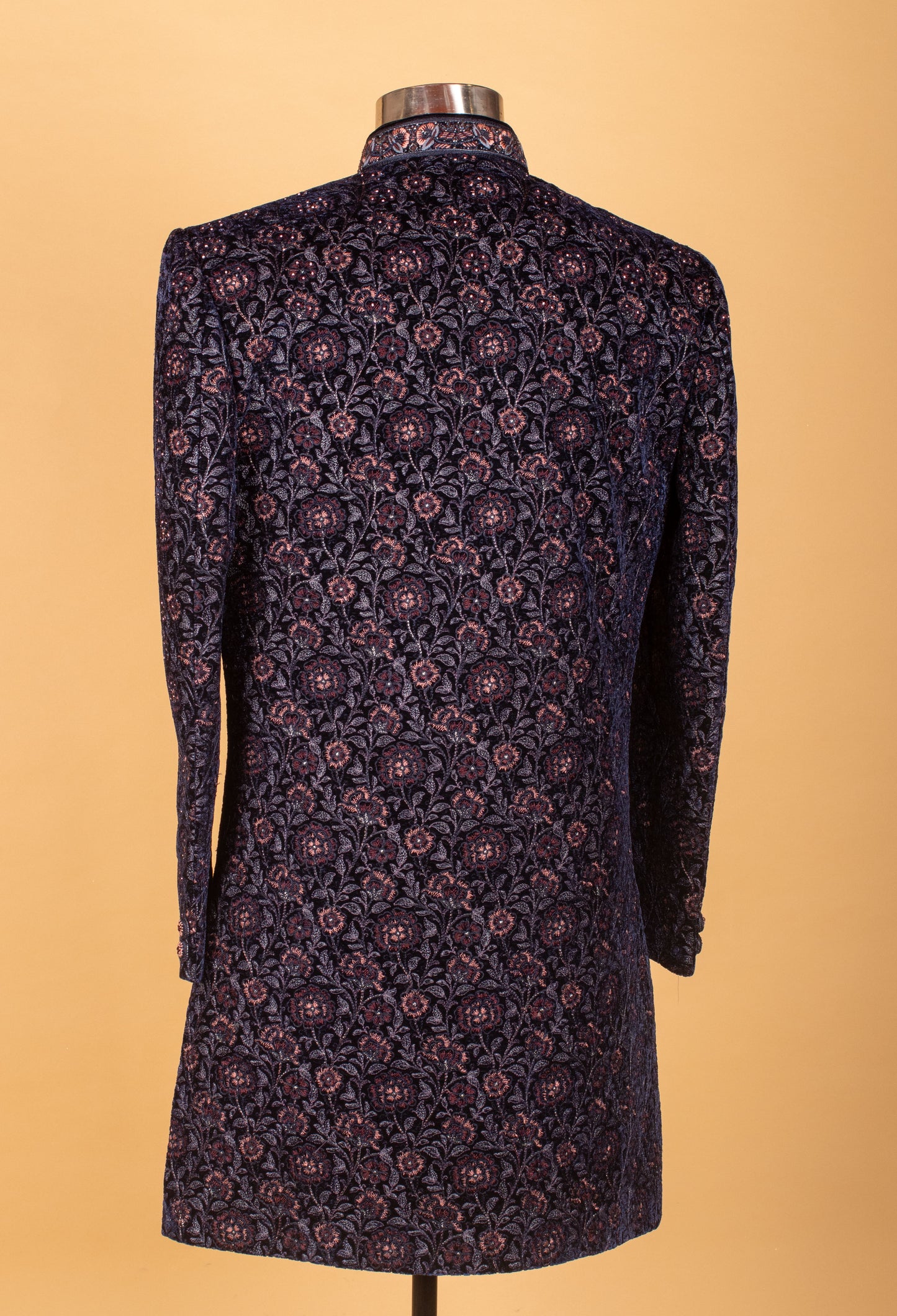 Navy Blue Velvet Floral Embroidered Sherwani for Men – Wedding & Royal Festive Wear