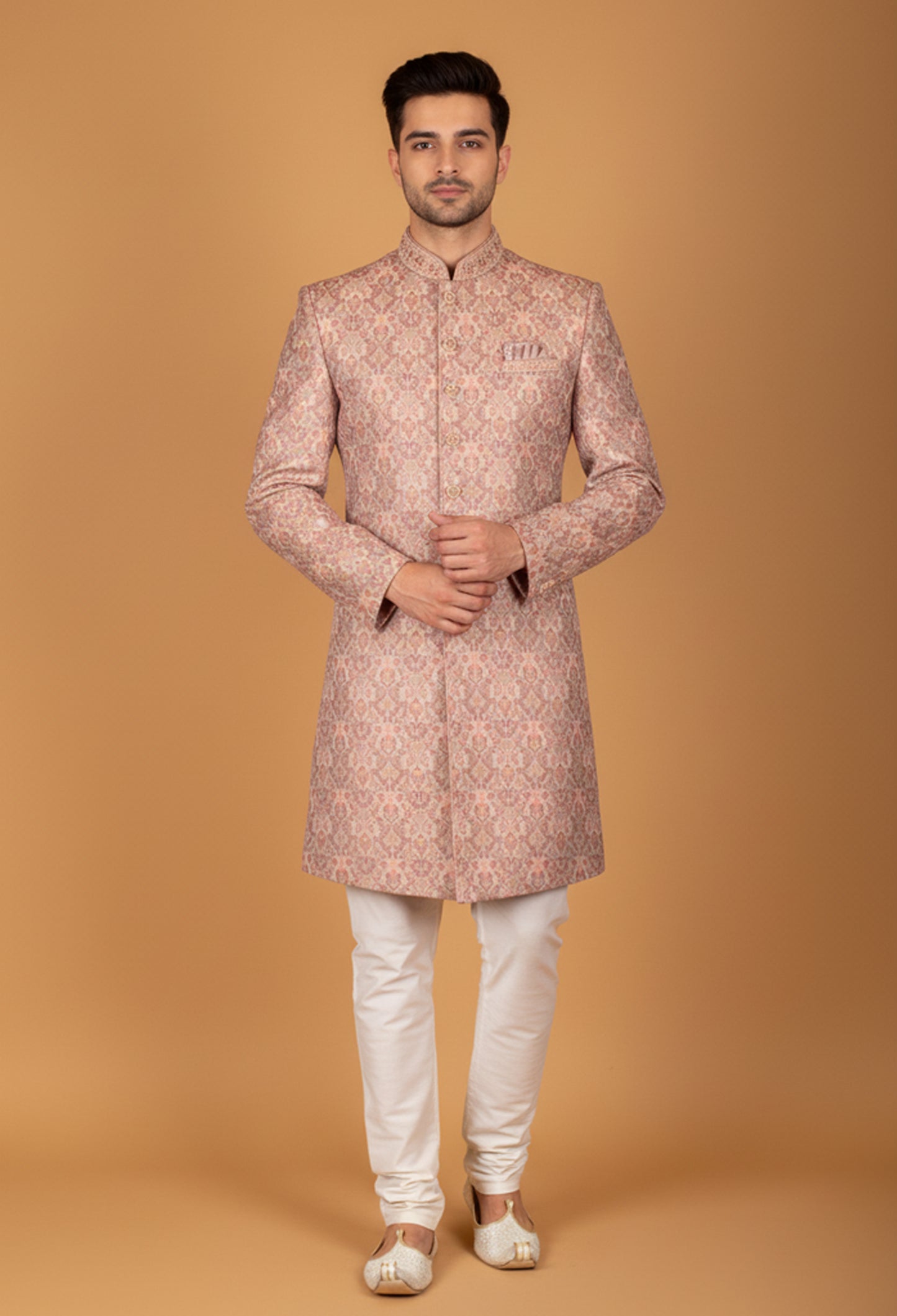 Pastel Peach Brocade Embroidered Sherwani for Men – Wedding & Engagement Wear