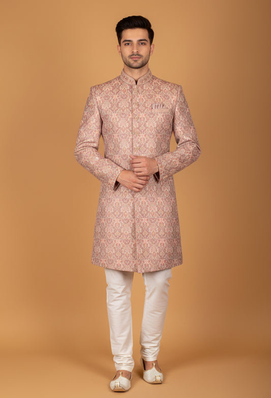 Pastel Peach Brocade Embroidered Sherwani for Men – Wedding & Engagement Wear