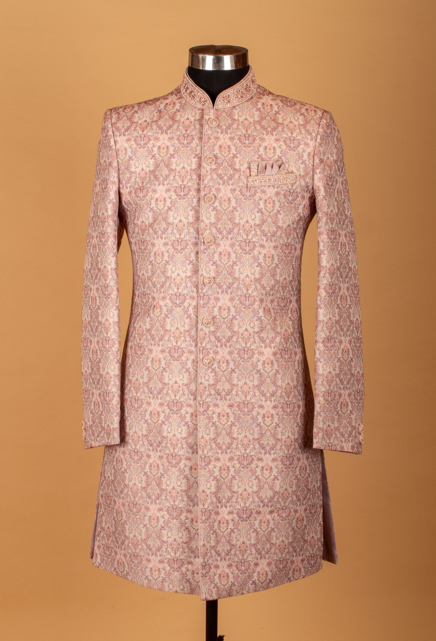 Pastel Peach Brocade Embroidered Sherwani for Men – Wedding & Engagement Wear