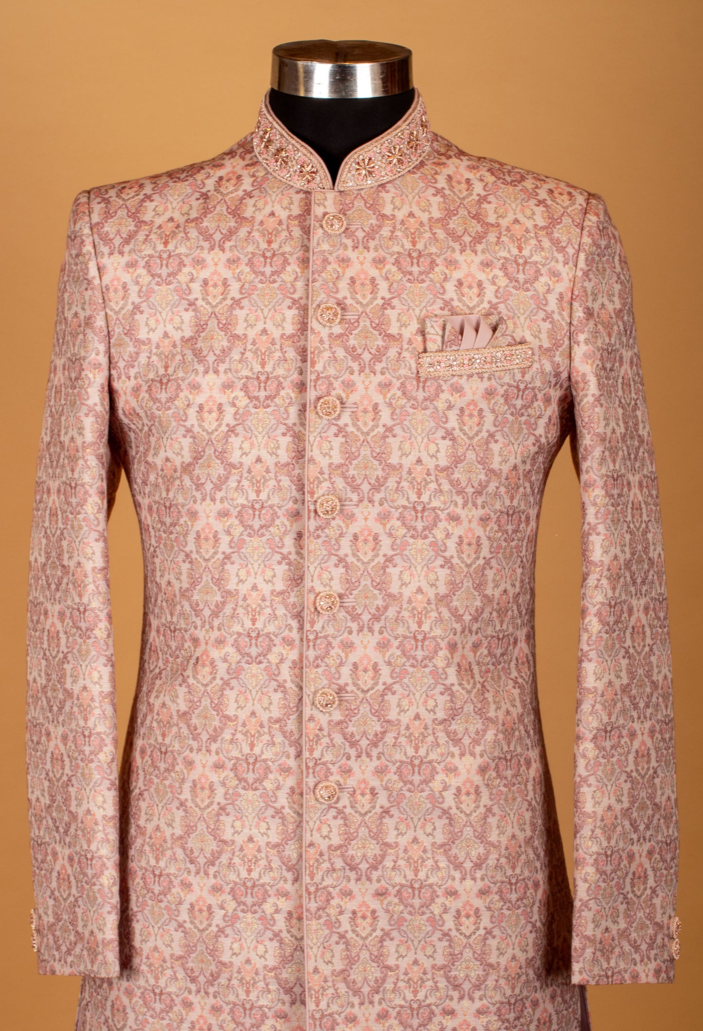Pastel Peach Brocade Embroidered Sherwani for Men – Wedding & Engagement Wear