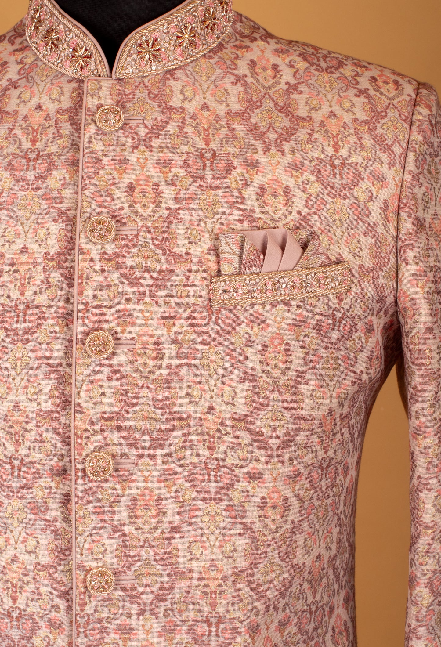 Pastel Peach Brocade Embroidered Sherwani for Men – Wedding & Engagement Wear