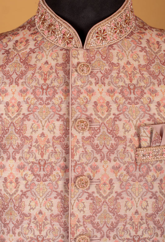 Pastel peach brocade sherwani for men with embroidered collar – product image 2