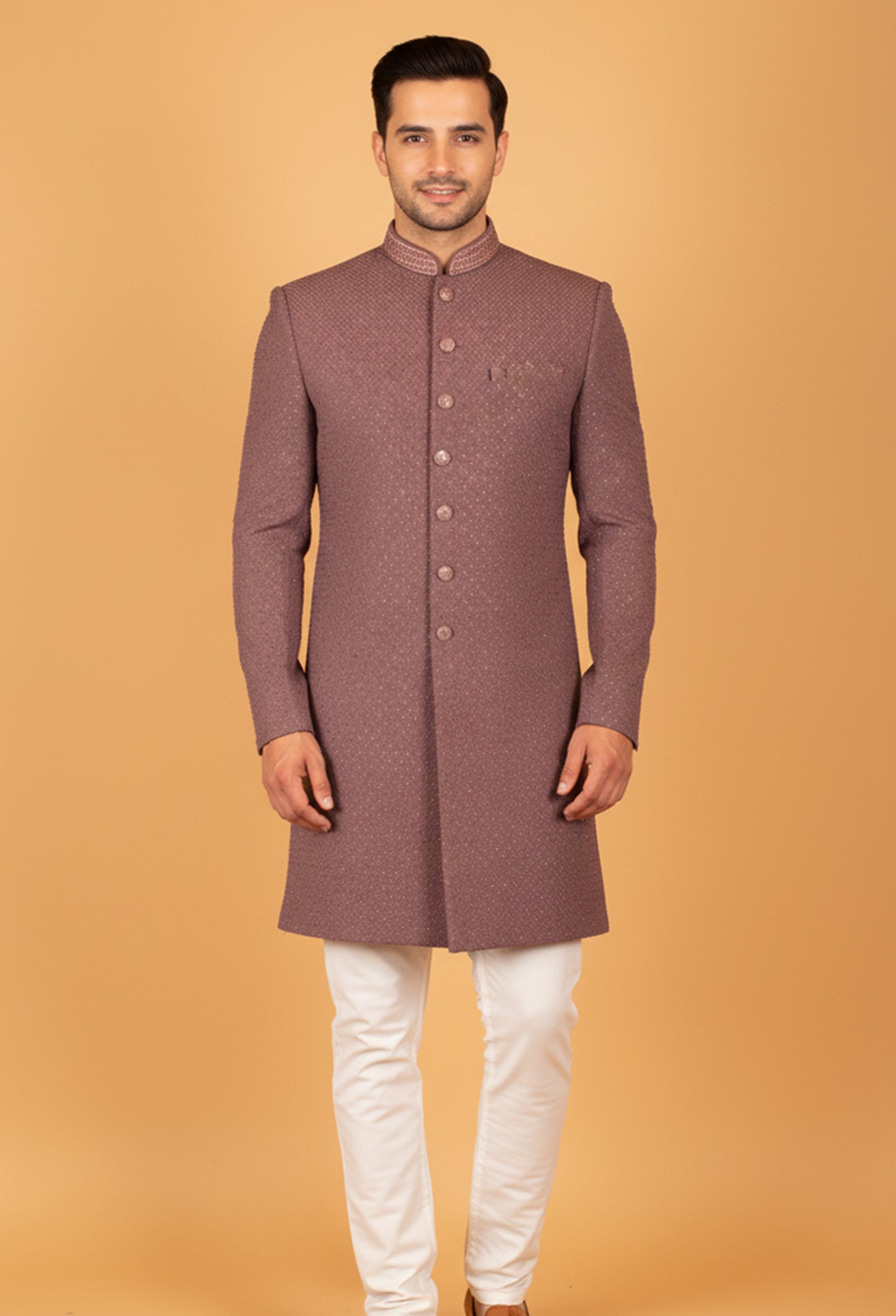 Dusty Rose Textured Embroidered Sherwani for Men – Wedding & Festive Wear